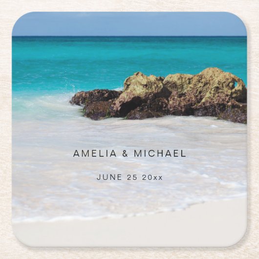 Azure Ocean Sandy Beach Fotobruiloft Kartonnen Onderzetters (Voorkant)