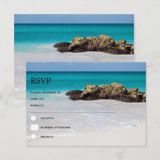 Azure Ocean Sandy Beach Fotobruiloft RSVP Kaartje (Voorkant / Achterkant)