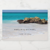 Azure Ocean Sandy Beach Fotobruiloft Sparkling Wijnetiket (Enkel label)