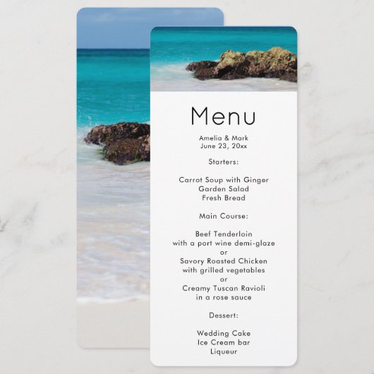 Azure Ocean Sandy Beach Fotomenu Kaart (Voorkant / Achterkant)