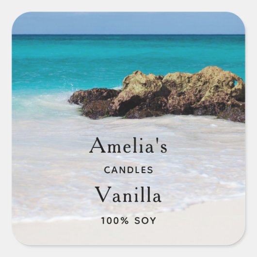 Azure Ocean Sandy Beach Photo Candle Business Vierkante Sticker (Voorkant)