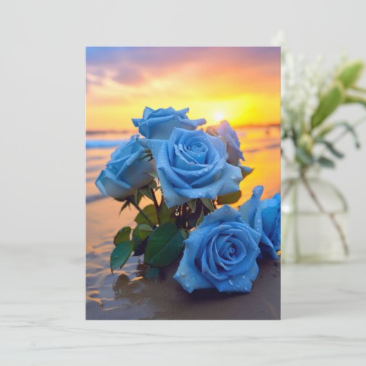 Azure Romance: Seaside Sunset Rozen Wedding Invita Kaart (Staand voorkant)