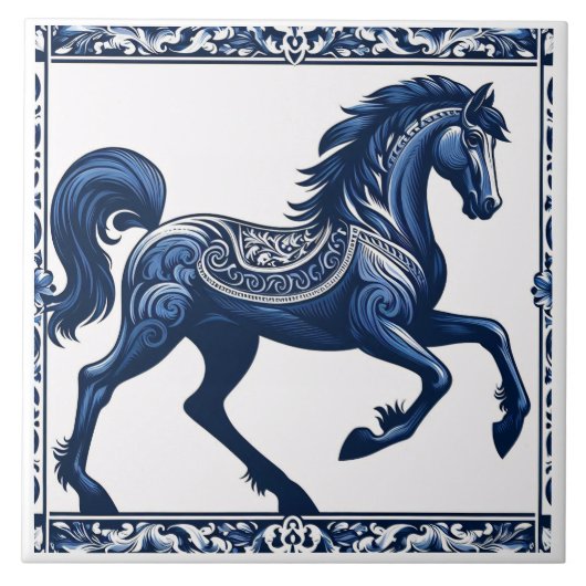 Azure Sapphire Steed: Floral Design Tegeltje (Voorkant)