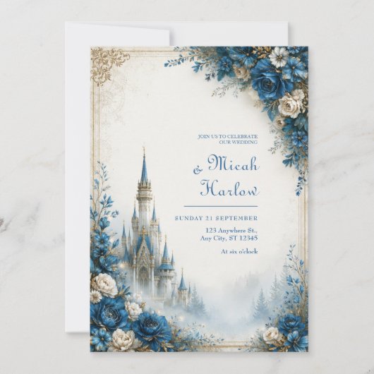 Azuren Rozen Mist Kasteel Bruiloft Kaart (Voorkant)