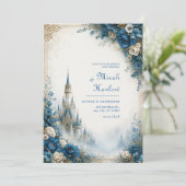 Azuren Rozen Mist Kasteel Bruiloft Kaart (Staand voorkant)