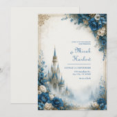 Azuren Rozen Mist Kasteel Bruiloft Kaart (Voorkant / Achterkant)
