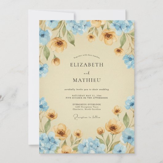 Azurene Gouden Bruiloftsbloem Kaart (Voorkant)