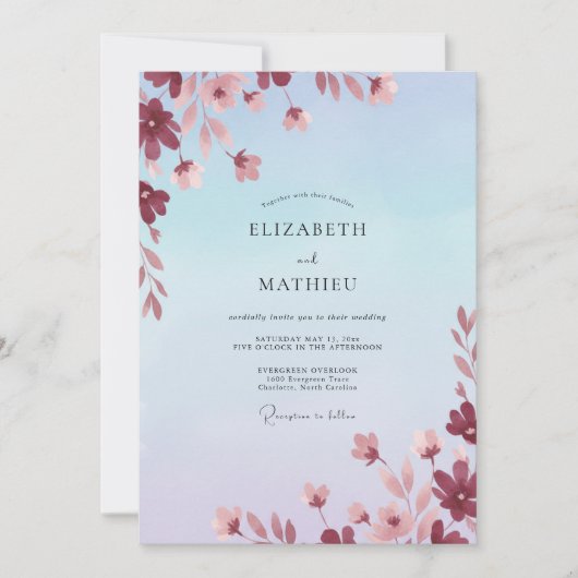 Azurene Mauve Wilde Bloemen Bruiloft Kaart (Voorkant)