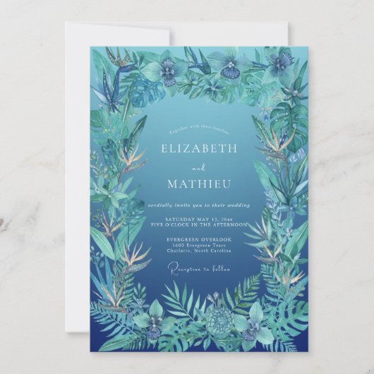 Azurisch Tropisch Palm Eucalyptus Huwelijk Kaart (Voorkant)