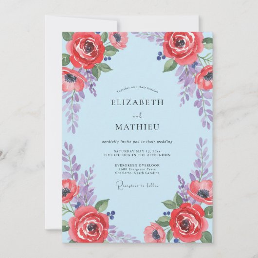 Azurorode Wilde Bloemen Bruiloft Kaart (Voorkant)
