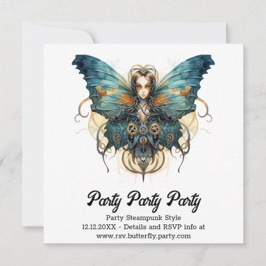 Azuurblauwe Admiraal Vlinder Steampunk Bruiloft Aankondiging (Voorkant)
