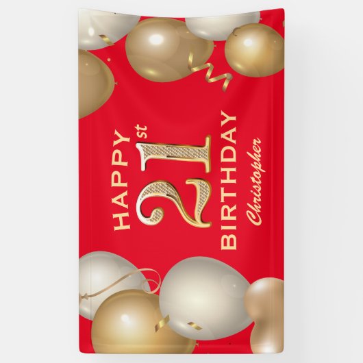 B21e verjaardag Rode en gouden ballonnen Spandoek (Verticaal)