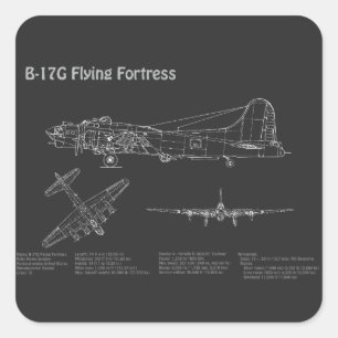 B-17 Flying Fortress - Vliegtuigblauwdruk Plannen Vierkante Sticker