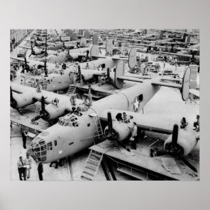 B-24 Bommenwerper Assemblagelijn, 1943. Oude foto Poster