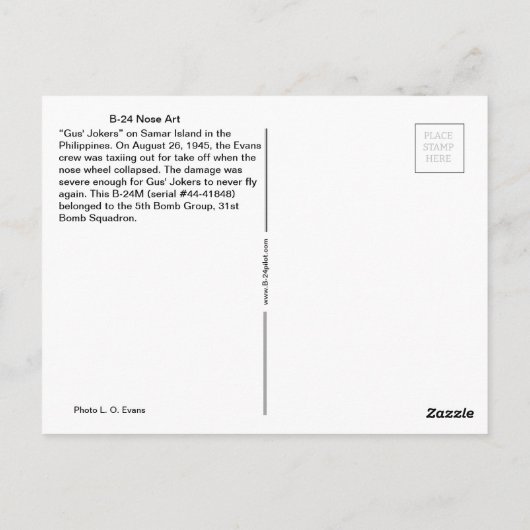 B-24 neuskunst "Gus' Jokers" Briefkaart (Achterkant)