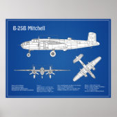 B-25B Mitchell Doolittle - Vliegtuigblauwdruk ABD Poster (Voorkant)