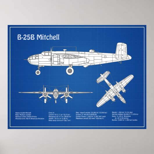 B-25B Mitchell Doolittle - Vliegtuigblauwdruk ABD Poster (Voorkant)