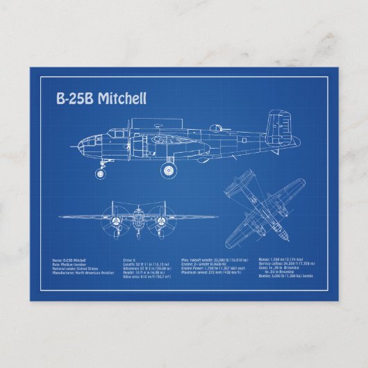 B-25B Mitchell Doolittle - Vliegtuigblauwdruk AD Briefkaart (Voorkant)