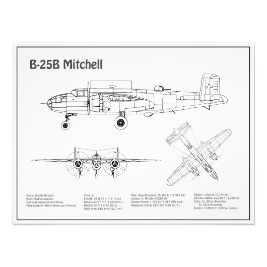 B-25B Mitchell Doolittle - Vliegtuigblauwdruk BD Foto Afdruk (Voorkant)