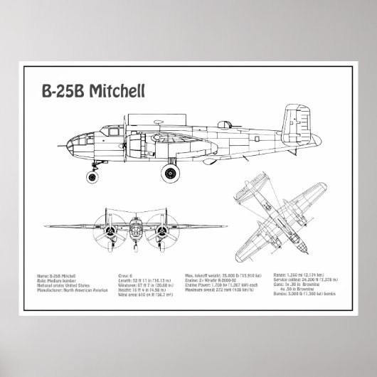 B-25B Mitchell Doolittle - Vliegtuigblauwdruk BD Poster (Voorkant)