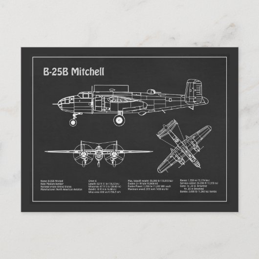 B-25B Mitchell Doolittle - Vliegtuigblauwdruk PD Briefkaart (Voorkant)