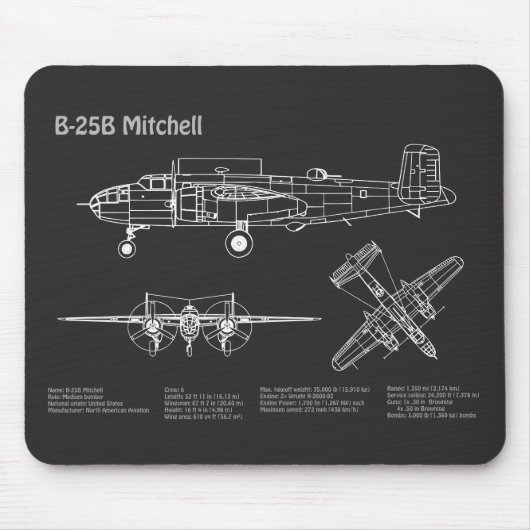 B-25B Mitchell Doolittle - Vliegtuigblauwdruk PD Muismat (Voorkant)