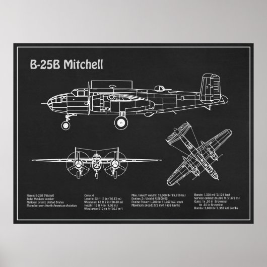 B-25B Mitchell Doolittle - Vliegtuigblauwdruk PD Poster (Voorkant)