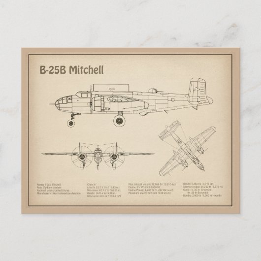 B-25B Mitchell Doolittle - Vliegtuigblauwdruk SD Briefkaart (Voorkant)