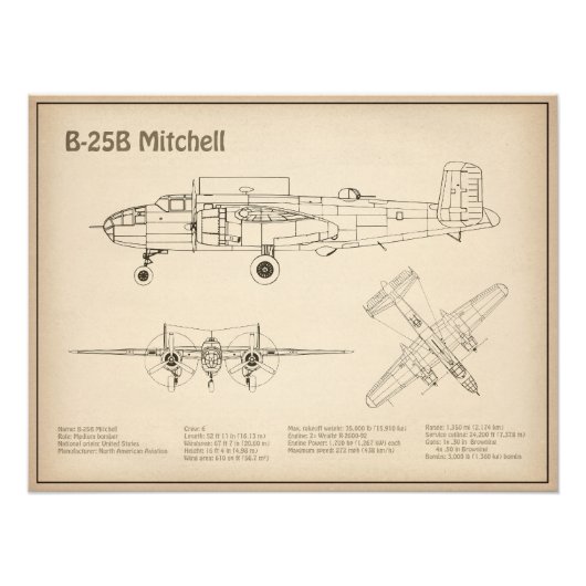 B-25B Mitchell Doolittle - Vliegtuigblauwdruk SD Foto Afdruk (Voorkant)