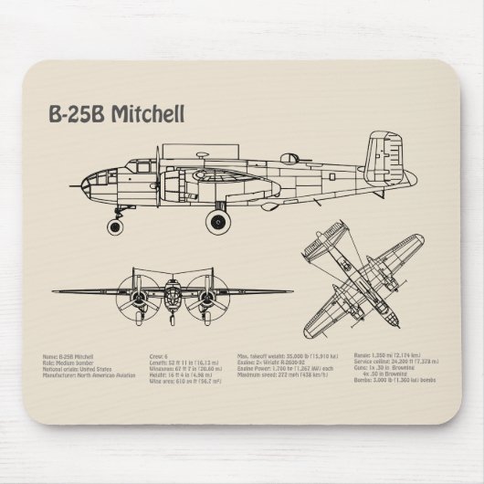 B-25B Mitchell Doolittle - Vliegtuigblauwdruk SD Muismat (Voorkant)