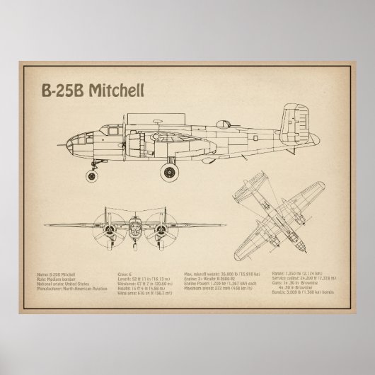 B-25B Mitchell Doolittle - Vliegtuigblauwdruk SD Poster (Voorkant)
