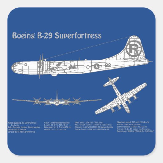 B-29 Superfortress - Vliegtuig Blauwdruk Plannen A Vierkante Sticker (Voorkant)