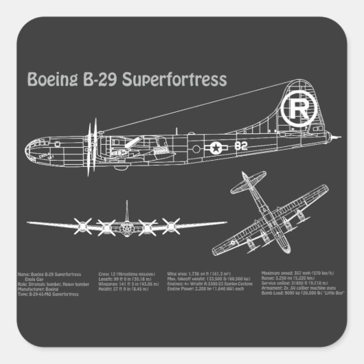 B-29 Superfortress - Vliegtuig Blauwdruk Plannen P Vierkante Sticker (Voorkant)