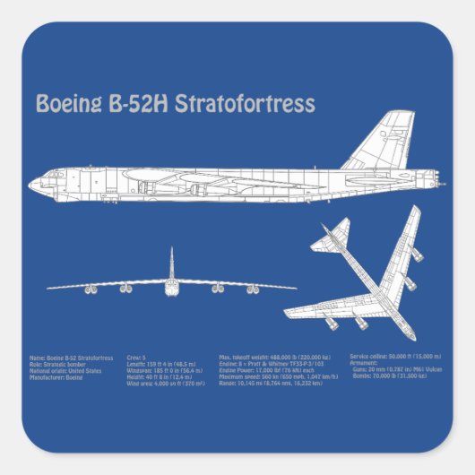 B-52 Stratofortress - Vliegtuigblauwdruk plannen A Vierkante Sticker (Voorkant)