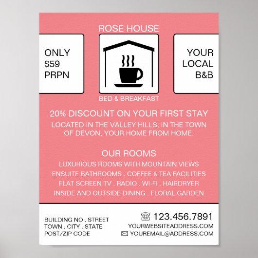 B&B-Logo, Bed & Breakfast-accommodatie Advert. Poster (Voorkant)