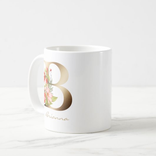 B-brief | Floral Gold Monogram Koffiemok (Voorkant links)