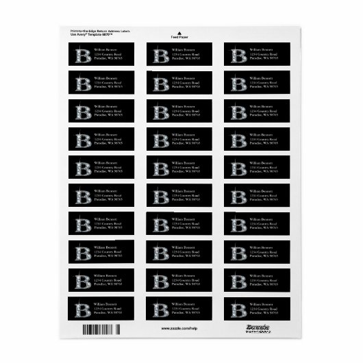 "B" Diamond Bling Monogram Return Address Label (Full Sheet)