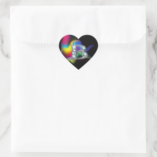 "B" Diamond Bling on Rainbow Swirl Heart Sticker (Tas)