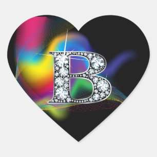 "B" Diamond Bling on Rainbow Swirl Heart Sticker