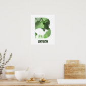 "B" Dinosaur Waterverf Green Child Name Poster (Keuken)