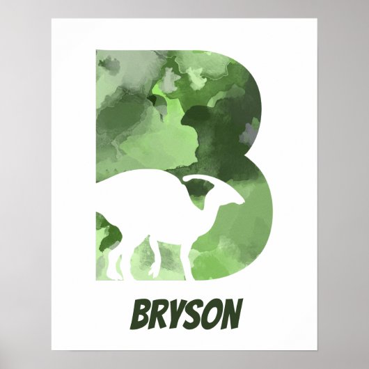 "B" Dinosaur Waterverf Green Child Name Poster (Voorkant)
