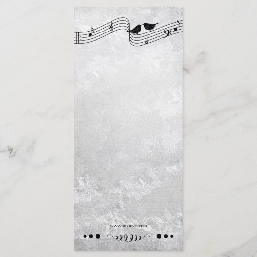 B en W Muziek Thema Wedding Menu Kaart (Achterkant)