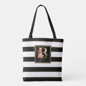 B Gold Floral Monogram | Zwarte witte gouden strep Tote Bag (Achterkant)