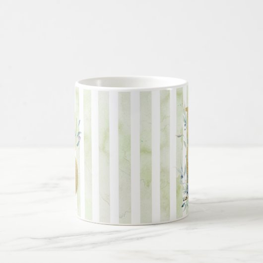 B gouden initiaal op blauwe en witte strepen koffiemok (Center)