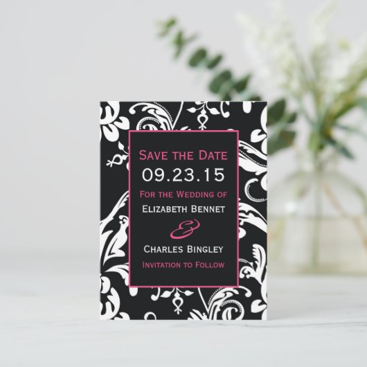 B&HP Contemporary Damask Bewaar de Datum Aankondigingskaart (Staand voorkant)