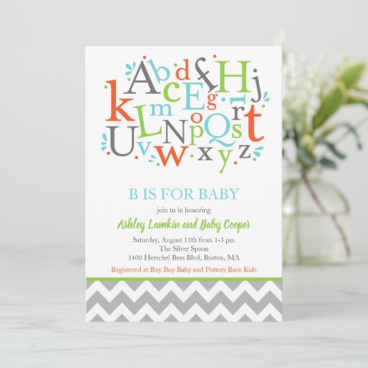 B is voor Baby Alphabet Baby shower Invitation Kaart (Staand voorkant)