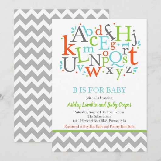 B is voor Baby Alphabet Baby shower Invitation Kaart (Voorkant / Achterkant)