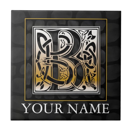B "Jouw naam" Celtic Black Stone Monogram Tile Tegeltje (Voorkant)