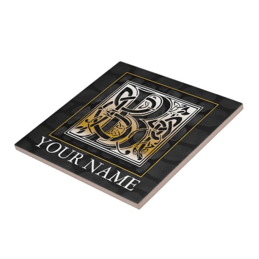 B "Jouw naam" Celtic Black Stone Monogram Tile Tegeltje (Zijkant)