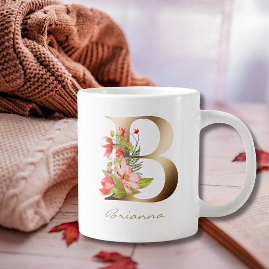 B Letter Gold Monogram | Rode Oranje groene Floral Grote Koffiekop
